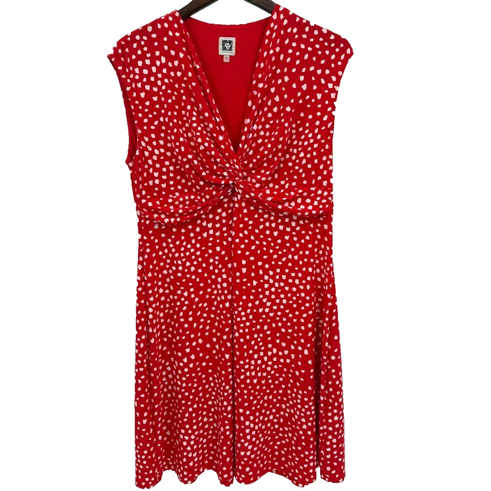 Anne Klein Women L Red White Twist Front Dress Sleeveless Stretch Lined